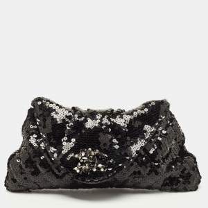 Pre Owned Chanel Black Sequins CC Half Moon Clutch