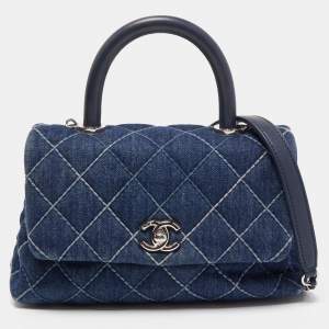 Pre Owned Chanel Blue Quilted Denim and Leather Mini Coco Top Handle Bag