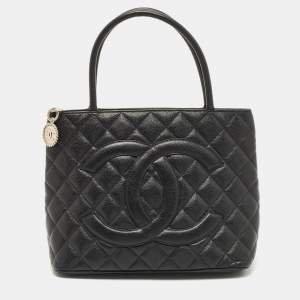 Pre Owned Chanel Black Quilted Caviar Leather Medallion Tote