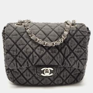 Pre Owned Chanel Grey/Black Quilted Washed Denim Small Denimpression Flap Bag