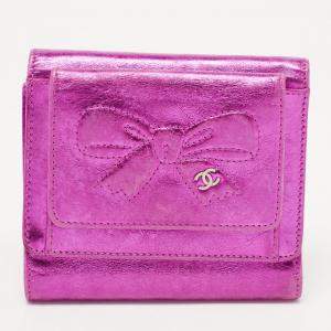 Chanel Metallic Pink Leather Ribbon Embossed Trifold Wallet