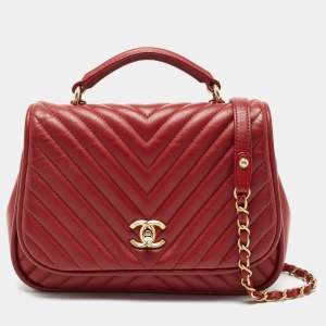 Pre Owned Chanel Red Chevron Leather CC Flap Top Handle Bag