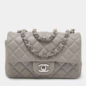 Pre Owned Chanel Grey Quilted Lambskin Leather New Mini Classic Flap Bag