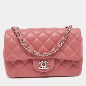 Pre Owned Chanel Pink Quilted Lambskin Leather New Mini Classic Flap Bag