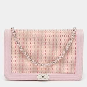 Chanel Light Pink Leather Crystals Embellished Boy Wallet On Chain