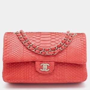 Pre Owned Chanel Red Python Medium Classic Double Flap Bag