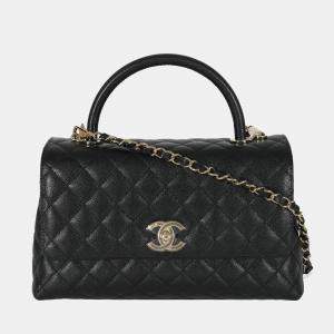 Pre Owned Chanel Black Quilted Caviar Medium Coco Top Handle Flap Bag