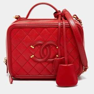 Pre Owned Chanel Red Quilted Caviar Leather Medium CC Filigree Vanity Case Bag