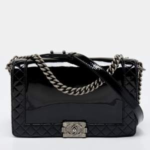 Chanel Black Patent Leather New Medium Reverso Boy Flap Bag