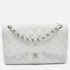 Pre Owned Chanel White Quilted Caviar Leather Jumbo Classic Double Flap Bag