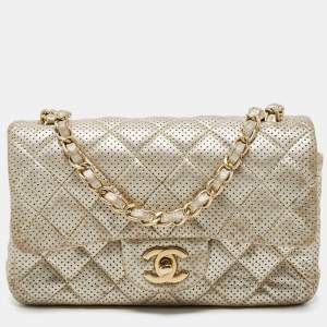 Pre Owned Chanel Gold Perforated Leather CC Square Flap Bag