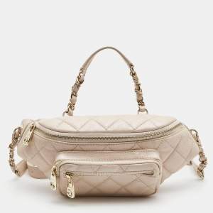 Pre Owned Chanel Beige Quilted Shimmer Leather Fanny Pack Waistbelt Bag
