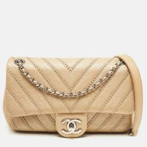Pre Owned Chanel Metallic Beige Studded Chevron Leather Stud Wars CC Flap Crossbody Bag