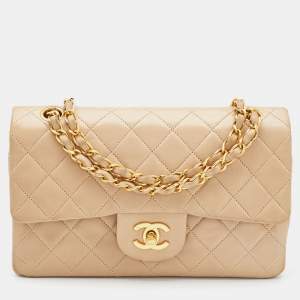 Pre Owned Chanel Beige Quilted Leather Small Vintage Classic Double Flap Bag