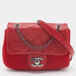 Pre Owned Chanel Red Quilted Leather and Felt Paris Salzburg Flap Shoulder Bag