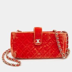 Pre Owned Chanel Orange Quilted Velvet CC Mini Phone Holder Clutch