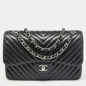 Pre Owned Chanel Black Chevron Quilted Caviar Leather Jumbo Classic Double Flap Bag
