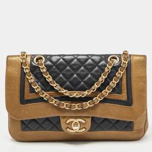 Pre Owned Chanel Gold/Black Quilted Leather Flap Shoulder Bag