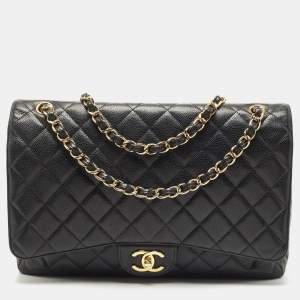 Pre Owned Chanel Black Caviar Leather Maxi Classic Double Flap Bag
