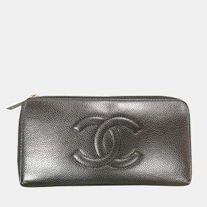 Chanel Black Leather CC Timeless Zip Around Wallet