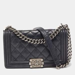 Pre Owned Chanel Navy Blue Quilted Wild Stitched Leather Medium Boy Bag