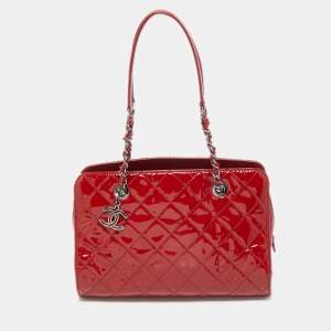 Pre Owned Chanel Red Quilted Patent Leather Timeless Tote