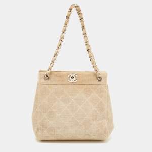 Pre Owned Chanel Metallic Beige Quilted Canvas Mini Classic Chain Tote