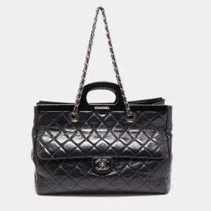 Pre Owned Chanel Black Quilted Glazed Leather Large CC Delivery Tote