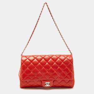Pre Owned Chanel Red Quilted Leather Classic Flap Shoulder Bag