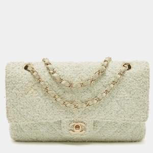 Pre Owned Chanel Light Green Tweed Medium Classic Double Flap Bag