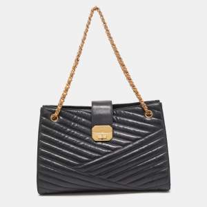 Pre Owned Chanel Black/Beige Chevron Leather Large Gabrielle Accordion Tote