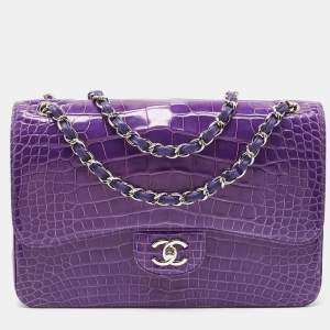 Pre Owned Chanel Purple Alligator Jumbo Classic Double Flap Bag