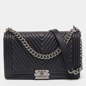 Chanel Black Chevron Leather Chain New Medium Boy Bag