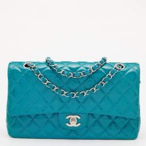 Pre Owned Chanel Blue Quilted Patent Leather Medium Classic Double Flap Bag