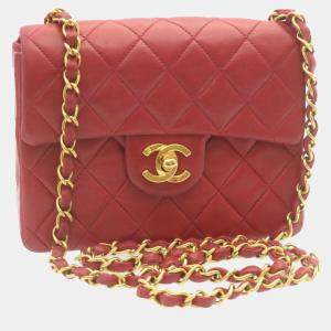 Chanel Red Lambskin Leather Mini Square Flap Bag 