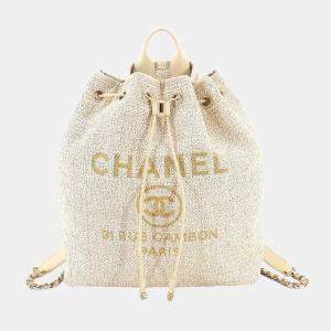 Chanel White Tweed Deauville Drawstring Backpack