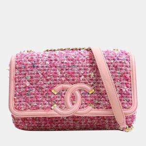 Chanel Pink Tweed Leather Medium Filigree Shoulder Bag