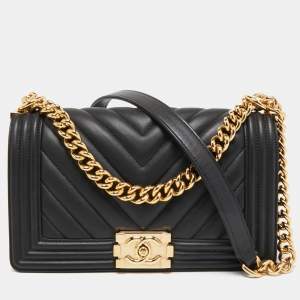 Chanel Black Chevron Leather Medium Boy Flap Bag