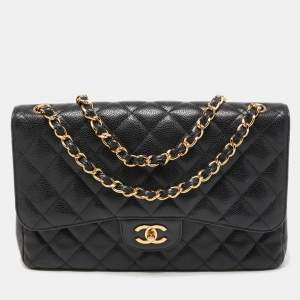 Pre Owned Chanel Black Quilted Caviar Leather Jumbo Classic Double Flap Bag