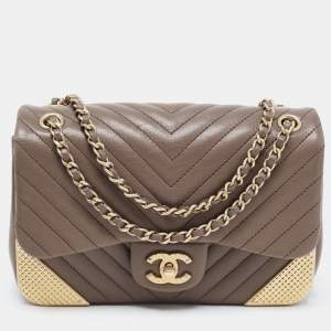 Chanel Dark Beige Chevron Leather Mini Rock The Corner Flap Bag