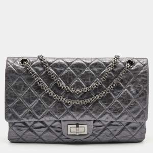 Pre Owned Chanel Metallic Grey Quilted Leather Reissue 2.55 Classic 227 Flap Bag