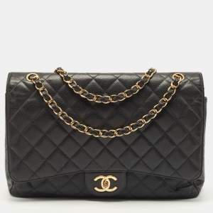 Pre Owned Chanel Black Quilted Caviar Leather Maxi Classic Double Flap Bag