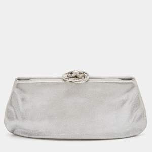 Pre Owned Chanel Silver Iridescent Leather Crystal Camellia Clutch