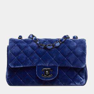 Chanel Blue Mini Classic Velvet Single Flap Bag