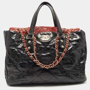 Pre Owned Chanel Black/Red Quilted Glazed Leather Large Portobello Tote