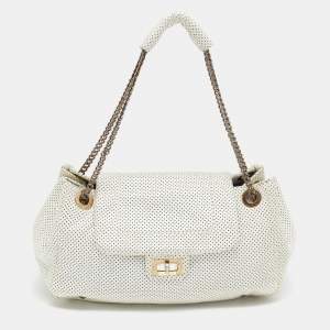 Pre Owned Chanel White Perforated Leather Accordion Flap Bag