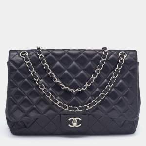 Pre Owned Chanel Black Quilted Leather Maxi Classic Double Flap Bag