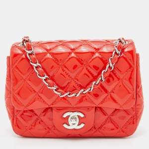 Pre Owned Chanel Orange Quilted Patent Leather Mini Square Classic Flap Bag