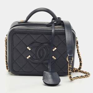 Pre Owned Chanel Navy Blue Quilted Caviar Leather Small CC Filigree Vanity Case Bag