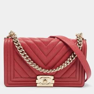 Chanel Red Chevron Caviar Leather Medium Boy Flap Bag